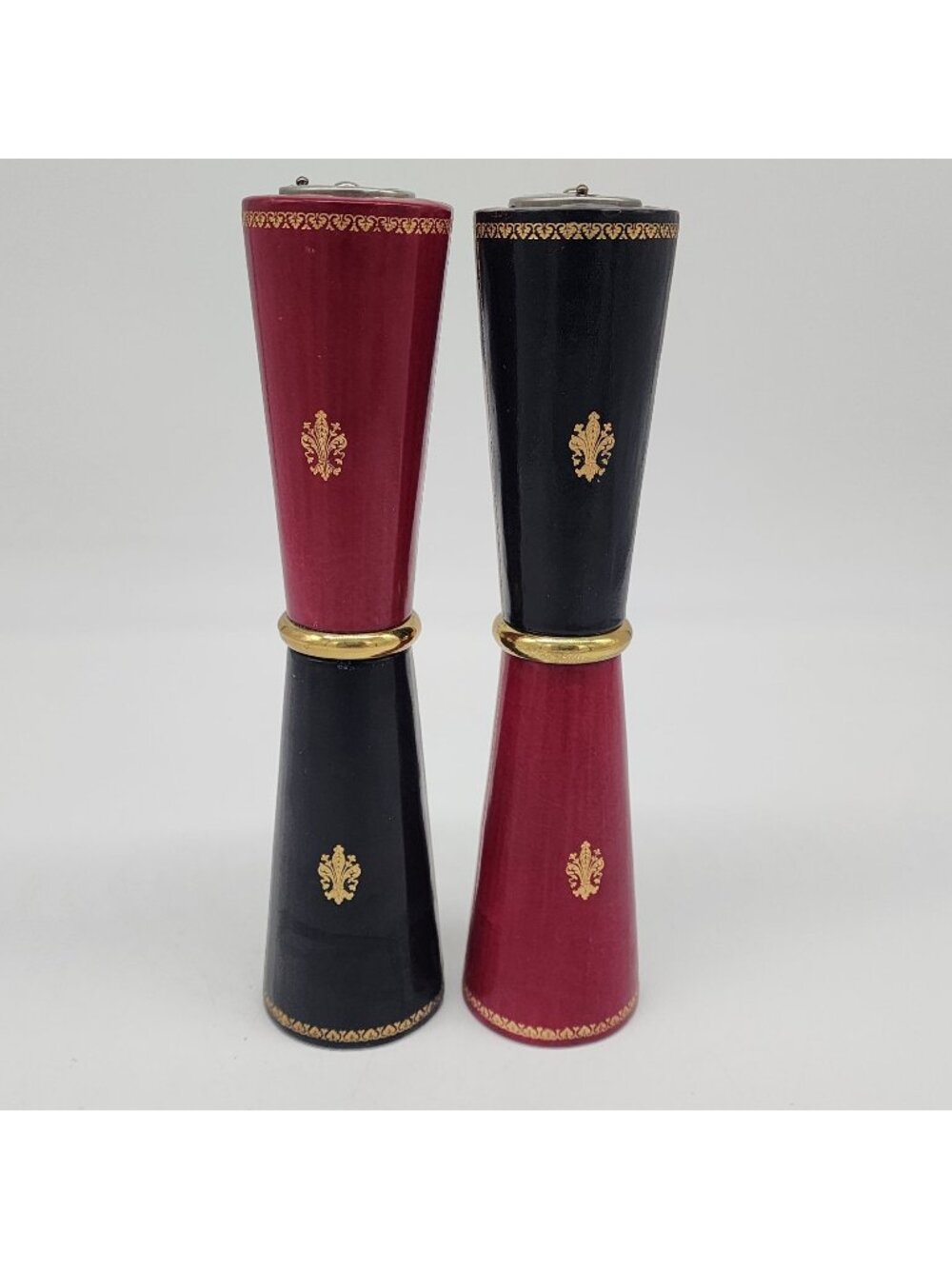 MCM Italian Leather Wrapped Salt and Pepper Mills Set of 2 Red Back Gold Accent